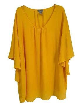 Catherines Top Womens Plus Size 5X Flutter Sleeves Yellow Crepe Ruched Neckline